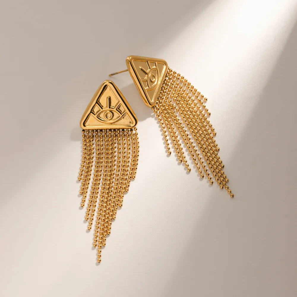 Triangular relief devil's eye design with tassel titanium steel earrings