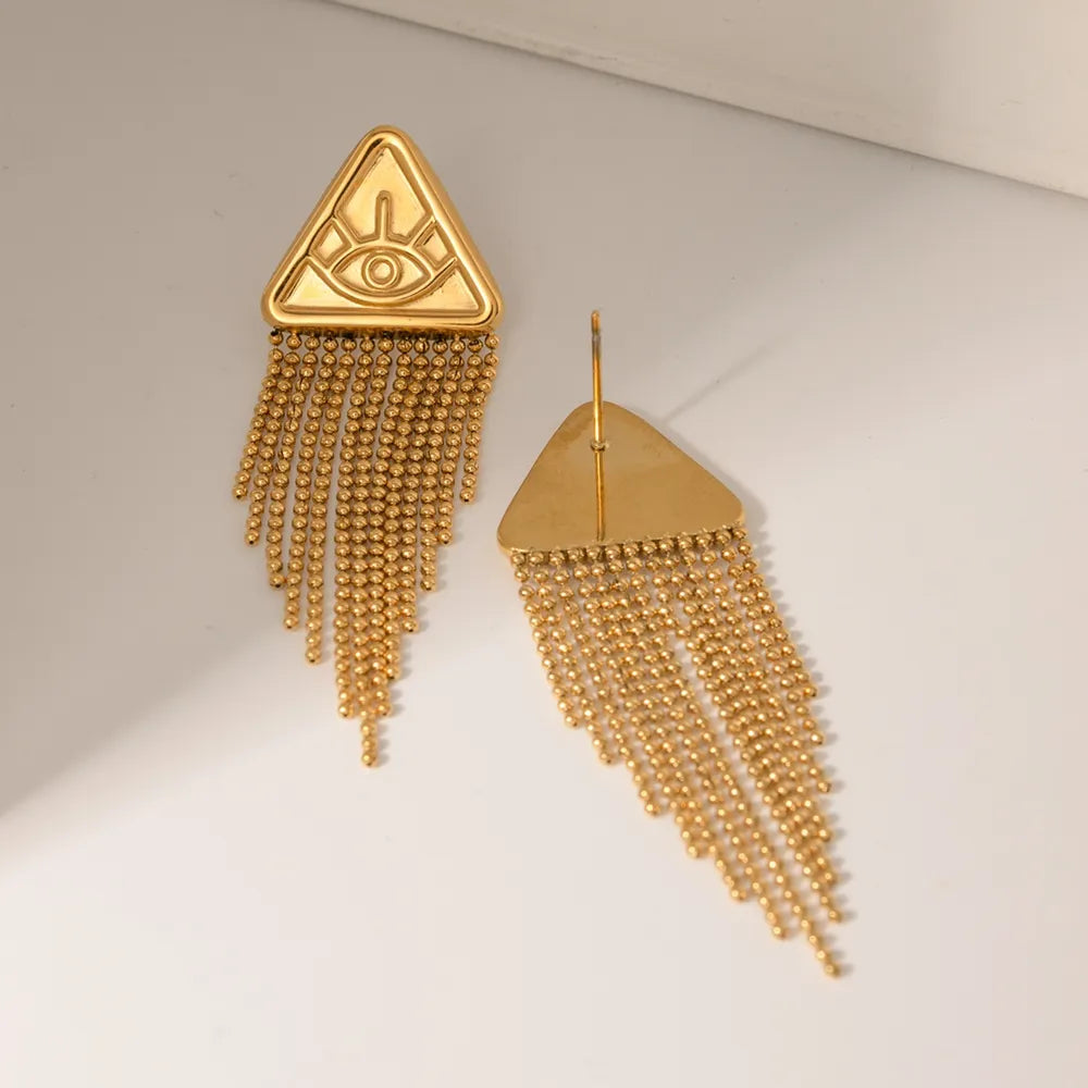 Triangular relief devil's eye design with tassel titanium steel earrings
