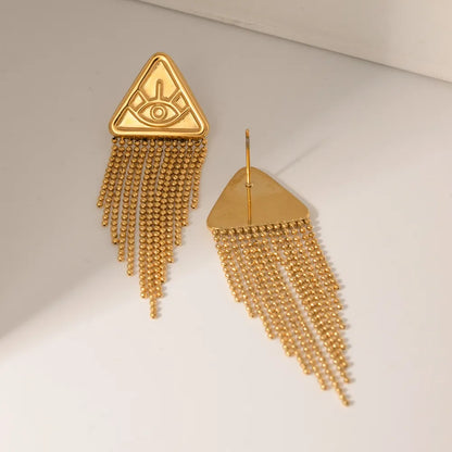 Triangular relief devil's eye design with tassel titanium steel earrings